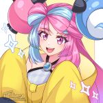  1girl artist_logo blue_hair character_hair_ornament hair_ornament highres iono_(pokemon) jacinth_peters jacket looking_at_viewer multicolored_hair open_mouth pink_eyes pink_hair pokemon pokemon_sv sharp_teeth sleeves_past_fingers sleeves_past_wrists solo teeth two-tone_hair upper_body yellow_jacket 