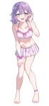  1girl :d @_@ aldehyde bare_arms bare_legs bare_shoulders barefoot bikini blue_eyes blush breasts collarbone floral_print frilled_bikini frills full_body hair_between_eyes hair_ornament hairclip hand_up highres hiiragi_tsukino_(aldehyde) leaning_forward looking_at_viewer navel original pink_bikini print_bikini purple_hair simple_background small_breasts smile solo swimsuit teeth upper_teeth_only white_background 