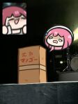  2girls bocchi_the_rock! box cardboard_box chibi closed_eyes commentary drum drum_set fan_screaming_at_madison_beer_(meme) gotoh_hitori hashtag-only_commentary highres hiroi_kikuri instrument meme motion_blur multiple_girls pink_hair purple_hair stage superappleman translation_request 