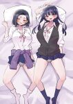  2girls arm_up bed_sheet black_hair black_sweater_vest blue_hair blue_skirt blue_socks blush boku_no_kokoro_no_yabai_yatsu breasts brown_eyes clothes_around_waist collared_shirt commentary dark_blue_hair feet_out_of_frame from_above highres large_breasts long28 long_hair looking_at_viewer lying miniskirt mother_and_daughter multiple_girls neck_ribbon on_back open_mouth panties pillow pleated_skirt red_ribbon ribbon school_uniform shirt short_hair skirt socks spread_legs sweater sweater_around_waist sweater_vest thighs underwear v white_panties white_shirt white_socks yamada_anna yamada_sanae_(bokuyaba) 