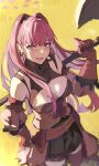  1girl :d axe battle_axe bikini_boody black_skirt bodice breasts cleavage_cutout clothing_cutout detached_sleeves earrings english_commentary fire_emblem fire_emblem:_three_houses gloves highres hilda_valentine_goneril holding holding_axe jewelry large_breasts long_hair long_sleeves looking_at_viewer open_mouth pink_eyes pink_hair red_gloves simple_background skirt smile solo twintails waist_cape weapon yellow_background 