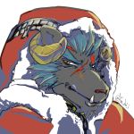  1:1 anthro chain christimas felid horn krampus_(housamo) lion male mammal pantherine scar signature simple_background solo tokyo_afterschool_summoners video_games white_background yellow_eyes yu_chi_i 