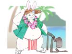  2024 anthro asian_clothing belly clothed clothing east_asian_clothing footwear fundoshi hat headgear headwear hi_res inunoshippo japanese_clothing kemono lagomorph leporid male mammal mountain navel one_eye_closed open_clothing open_shirt open_topwear overweight overweight_male palm_tree plant rabbit red_clothing red_fundoshi red_underwear sandals shirt solo straw_hat topwear tree underwear wink 