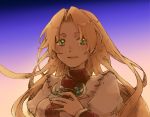  1girl blonde_hair breasts cecilia_lynne_adelhyde coat commentary_request green_eyes long_hair looking_at_viewer michibata_65 open_mouth simple_background smile solo wild_arms wild_arms_1 