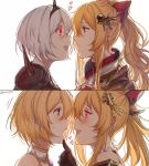  2girls alternate_costume alternate_eye_color bare_shoulders blonde_hair blush bow brown_eyes djeeta_(granblue_fantasy) empty_eyes gloves glowing glowing_eyes granblue_fantasy hair_bow hair_ornament hand_on_another&#039;s_chin heart highres looking_at_another multiple_girls open_mouth ponytail simple_background smile sweatdrop the_glory upper_body vira_lilie white_background yandere yellow_eyes yukari_(bryleluansing) yuri 