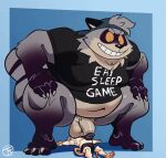 2024 animated anthro belly big_belly clothing duo grey_body hi_res hybrid lying male male/male mammal micro moobs mouse murid murine navel open_mouth overweight overweight_male procyonid raccoon rodent shirt size_difference smile topwear trashtoonz white_body