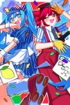  2girls :d ;d apron black_necktie blue_dress blue_eyes blue_hair bow collared_shirt confetti diagonal-striped_bow dress frilled_apron frills gloves hat hatsune_miku highres kasane_teto long_hair mesmerizer_(vocaloid) multiple_girls necktie nikuta one_eye_closed puffy_short_sleeves puffy_sleeves red_eyes red_hair red_hat red_skirt shirt short_sleeves skirt smile socks sparkling_eyes suspenders sweat twintails utau visor_cap vocaloid waist_apron waitress white_apron white_shirt white_socks wrist_cuffs yellow_gloves 