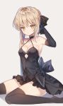 1girl artoria_pendragon_(all) bangs bare_shoulders black_bow black_choker black_dress black_gloves blonde_hair bow braid breasts brown_background brown_eyes brown_legwear choker cleavage collarbone commentary_request dress elbow_gloves eyebrows_visible_through_hair fate/stay_night fate_(series) gloves hair_between_eyes hair_bow hair_bun hand_up highres laurelfalcon looking_at_viewer medium_breasts no_shoes saber_alter sidelocks sitting sleeveless sleeveless_dress solo thighhighs wariza 