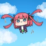  1girl :3 afterimage akino_ell black_footwear black_ribbon blue_eyes blue_sky blush cardigan chibi chibi_only closed_mouth cloud collared_shirt day flying full_body go-toubun_no_hanayome green_skirt hair_ribbon long_hair looking_at_viewer motion_lines nakano_nino open_cardigan open_clothes outdoors pleated_skirt prehensile_hair purple_cardigan red_hair ribbon school_uniform shirt shoes skirt sky socks solo speed_lines two_side_up very_long_hair white_shirt white_socks 