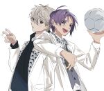  2boys ball blue_lock grey_necktie highres jacket lapels long_sleeves mikage_reo multiple_boys nagi_seishirou necktie open_mouth purple_hair short_hair soccer_ball suit ten_tekoman undershirt upper_body white_background white_hair white_jacket 