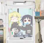  bathroom black_hair blonde_hair blush brushing_teeth chito_(shoujo_shuumatsu_ryokou) coat cup from_side gargling green_coat gun highres holding holding_toothbrush military_uniform naaga_sonomono one_eye_closed rifle shoujo_shuumatsu_ryokou shower_head tile_wall tiles toothbrush uniform weapon yuuri_(shoujo_shuumatsu_ryokou) 