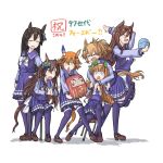  &gt;_&lt; 6+girls :o ahoge animal_ears blue_eyes bow bowtie brown_footwear brown_hair chair closed_eyes clover_hair_ornament daruma_doll ear_covers ear_ribbon eyewear_on_head hachidori_(ippatsuya) hair_between_eyes hair_ornament hairband highres horse_ears horse_girl horse_tail horseshoe_ornament loafers long_hair long_sleeves matikanefukukitaru_(umamusume) mejiro_bright_(umamusume) mejiro_dober_(umamusume) mole mole_under_eye multiple_girls orange_hair pleated_skirt ponytail purple_serafuku purple_shirt purple_skirt purple_thighhighs red-framed_eyewear sailor_collar sailor_shirt school_uniform seeking_the_pearl_(umamusume) serafuku shirt shoes short_hair silence_suzuka_(umamusume) simple_background sitting skirt star_(symbol) star_hair_ornament sunglasses taiki_shuttle_(umamusume) tail tail_through_clothes thighhighs tracen_school_uniform umamusume wavy_hair white_background white_bow white_bowtie white_hairband yellow_eyes 