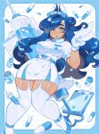  1girl absurdres blue_eyes blue_footwear blue_hair breast_pocket constellor garter_straps gloves hat high_heels highres holding holding_syringe long_hair looking_at_viewer nurse nurse_cap open_mouth original pocket smile solo syringe thighhighs white_gloves white_thighhighs 