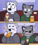 anthro bear beer_mug blush blush_lines canid canine canis clothing dessert eating eating_food flower food fur grey_body grey_fur hi_res ice_cream lawrence_(ohmygoditguppy) looking_pleasured male mammal ohmygoditguppy plant polar_bear restaurant speech_bubble sweater toby_(ohmygoditguppy) topwear ursine white_body white_fur wolf