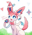  animal animal_ears animal_focus berry_(pokemon) blue_sclera bow bowtie colored_sclera eating highres no_humans open_mouth outdoors pink_bow pink_bowtie pink_fur pokemon pokemon_(creature) prehensile_ribbon sarent_stuff sitting star_(symbol) sylveon tail two-tone_fur white_fur 