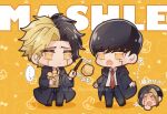  3boys black_hair black_robe chibi collared_shirt cream_puff earrings facial_mark finn_ames food highres jewelry mash_burnedead mashle multicolored_hair multiple_boys necktie open_mouth rayne_ames red_necktie robe shirt short_hair sirofuku414 split-color_hair stud_earrings wand white_shirt yellow_eyes 