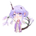  1girl chibi chinese_clothes double_bun full_body hair_bun hanfu highres long_sleeves looking_at_viewer non-web_source open_mouth purple_hair qixiong_ruqun ruqun simple_background smile symbol_shaped_pupils tree_horns wide_sleeves 