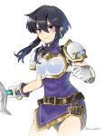  1girl armor belt black_hair breastplate earrings fire_emblem fire_emblem:_genealogy_of_the_holy_war gloves hair_between_eyes highres holding holding_sword holding_weapon jewelry larcei_(fire_emblem) looking_at_viewer meriaiwaki_fe purple_tunic short_hair shoulder_armor sidelocks solo sword tomboy tunic weapon white_background 