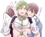  ! 2boys absurdres blush book brown_hair clenched_hand commentary_request earrings eiden_(nu_carnival) embarrassed fingerless_gloves from_behind gem gloves grabbing grabbing_another&#039;s_breast green_eyes green_gemstone green_hair grey_eyes grey_jacket groping heart high_collar highres holding holding_book jacket jewelry long_sleeves looking_down male_focus multiple_boys nipple_piercing nipple_slip nipples nu_carnival olivine_(nu_carnival) open_mouth pectorals piercing short_hair simple_background smile surprised sweatdrop translated upper_body white_background white_gloves yaoi zangesimasu 