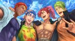  4boys achilles_(fate) ao_(en6gtl) ashwatthama_(fate) black_jacket cu_chulainn_(fate) dark_skin earrings fate/grand_order fate_(series) green_eyes hawaiian_shirt highres jacket jewelry light_blue_jacket mori_nagayoshi_(fate) multiple_boys muscular muscular_male orange_tank_top purple_shirt red_eyes shirt sky tank_top topless_male yellow_eyes 