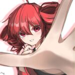  1girl black_sleeves blurry blurry_foreground chromatic_aberration commentary drill_hair eyelashes hand_up highres kaeru_(user_wasj7328) kasane_teto long_sleeves pink_trim reaching reaching_towards_viewer red_eyes red_hair simple_background smile solo twin_drills utau white_background 