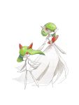  bob_cut colored_skin dress elbow_gloves gardevoir gloves green_hair hair_over_one_eye highres horns kirlia mega_gardevoir mega_pokemon multicolored_skin pokemon pokemon_(creature) rahner sidelocks simple_background strapless strapless_dress two-tone_skin white_background white_dress white_gloves white_skin 