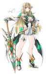  1girl absurdres bare_shoulders blonde_hair breasts brown_eyes chest_jewel cleavage cleavage_cutout clothing_cutout commentary_request dress earrings elbow_gloves full_body gloves hand_on_own_hip highres holding holding_sword holding_weapon jewelry large_breasts long_hair looking_at_viewer mythra_(xenoblade) short_dress simple_background smile sofusan1526 solo sword weapon white_background white_dress white_gloves xenoblade_chronicles_(series) xenoblade_chronicles_2 