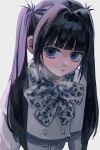  1girl :&lt; animal_print arms_at_sides black_hair blue_eyes blunt_bangs bow bowtie buttons closed_mouth coat dot_nose grey_bow grey_bowtie grey_coat hair_intakes highres inu_dakisime leaning_forward leopard_print long_hair long_sleeves looking_at_viewer original sidelocks simple_background solo twintails upper_body very_long_hair white_background 