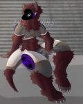  2024 4:5 4_toes 5_fingers anthro biped brown_body brown_fur feet fingers fluffy fur hi_res machine male protogen sitting solo thick_thighs toes zyreations 