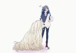  1girl aoi_tete artist_logo black_pants closed_eyes closed_mouth dog dress_shirt earrings gradient_hair grey_hair grey_sweater_vest hair_over_one_eye highres hoop_earrings jewelry komondor komondor_dog_owner_(wonderful_precure) long_hair long_sleeves messy_hair motion_lines multicolored_hair notice_lines pants petting precure red_footwear shirt shoes simple_background smile sneakers solo standing sweater_vest two-tone_sweater_vest untucked_shirt white_background white_shirt white_sweater_vest wing_collar wonderful_precure! 