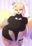  2023 abstract_background anthro big_breasts breasts canid canine canis clothed clothing domestic_dog dress eyes_closed fangs female ferwanwan fluffy fluffy_tail hair happy hi_res huge_breasts long_hair mammal open_mouth open_smile smile solo sparkles tail teeth 