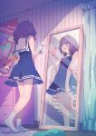  1girl bangs blue_dress blue_eyes blunt_bangs blush brown_hair choker dress eyebrows_visible_through_hair full-length_mirror highres indoors kagawa_yuusaku medium_hair open_mouth original reflection sailor_collar self_shot socks solo standing 