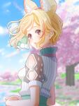  1girl absurdres animal_ear_fluff animal_ears blonde_hair blouse blue_sky blurry blurry_background blush cherry_blossoms cloud cloudy_sky commentary_request day fox_ears fox_girl heart heart-shaped_pupils highres hololive kai_otk looking_at_viewer looking_back multicolored_hair official_alternate_costume official_alternate_hair_length official_alternate_hairstyle omaru_polka omaru_polka_(street_casual) outdoors pink_hair purple_eyes see-through see-through_sleeves shirt short_sleeves sidelocks sky solo streaked_hair symbol-shaped_pupils tree upper_body virtual_youtuber white_shirt 