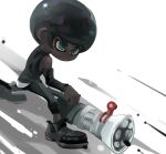  1boy absurdres afro bare_shoulders black_eyes black_footwear black_hair black_leggings black_shirt black_sleeves dark-skinned_male dark_skin detached_sleeves highres holding koike3582 leggings long_sleeves mini_splatling_(splatoon) no_mouth octoling octoling_boy octoling_player_character ringed_eyes shirt shoes short_hair simple_background solo splatoon_(series) v-shaped_eyebrows very_dark_skin white_background 