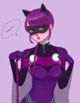  1girl animal_ears black_mask bodysuit braid cat_ears cat_girl gongonsrr green_eyes highres lady_noir long_hair looking_at_viewer marinette_dupain-cheng miraculous_ladybug purple_background purple_bodysuit purple_hair single_braid superhero_costume upper_body 