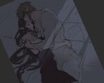  1boy 1girl brown_hair closed_eyes cuddling dark earrings hug jewelry kurokawa_karasu link long_hair lying moonlight on_bed on_side pointy_ears princess_zelda sketch sleeping the_legend_of_zelda the_legend_of_zelda:_twilight_princess 