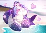 2023 anthro beach big_breasts breasts clothed clothing dress eyelashes female ferwanwan fish heart_symbol hi_res kneeling marine open_mouth open_smile outside overweight overweight_female shark smile solo tail water