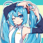  1girl ahoge amefu_luna arms_up blue_eyes blue_hair blue_necktie blush closed_mouth detached_sleeves hatsune_miku heart heart_hands highres long_hair long_sleeves necktie one_eye_closed pixel_art smile solo twintails vocaloid 