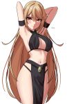  1girl absurdres armband armpits arms_up blonde_hair blush breasts commentary cowboy_shot criss-cross_halter english_commentary halterneck highres large_breasts long_hair midriff mythra_(xenoblade) navel pelvic_curtain solo standing stomach thighs very_long_hair x_xith_x xenoblade_chronicles_(series) xenoblade_chronicles_2 yellow_eyes 