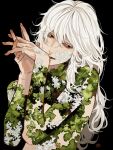  1boy black_background black_eyes closed_mouth fingernails hands_up highres kagoya1219 long_hair male_focus original own_hands_together sideways_glance signature simple_background solo topless_male upper_body white_hair 