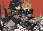  2boys animal_ears arknights ayerscarpe_(arknights) ayerscarpe_(tested_one)_(arknights) black_gloves black_jacket blonde_hair blush_stickers bottle brown_hair brown_jacket camouflage coin commentary_request crossed_legs feet_out_of_frame fingerless_gloves frown fur-trimmed_jacket fur_trim gloves green_eyes grey_pants highres hood hood_up hooded_jacket jacket leonhardt_(arknights) leonhardt_(finder_in_the_rough)_(arknights) looking_at_viewer lop_rabbit_ears multiple_boys pants rabbit_ears red_background red_eyes remu_(kudarizaka_25) staff two-tone_background white_background 