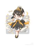  1girl black_eyes black_hair chibi earrings full_body hair_ornament high_ponytail highres jewelry non-web_source ponytail solo sword weapon 