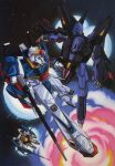  1980s_(style) artist_request battle beam_cannon beam_rifle duel energy_gun explosion gundam gundam_mk_ii highres key_visual mecha messala mobile_suit official_art one-eyed production_art promotional_art retro_artstyle robot scan science_fiction space starry_background super_gundam thrusters traditional_media v-fin weapon zeta_gundam zeta_gundam_(mobile_suit) 