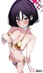  1girl bandaged_arm bandages bikini black_hair blue_archive breasts ear_piercing eyelashes gold_bikini hair_between_eyes halo highres medium_breasts micro_bikini misaki_(blue_archive) navel niwlite piercing red_eyes short_hair side-tie_bikini_bottom simple_background swimsuit white_background 