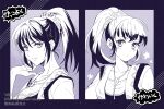  2girls blush breasts ellen_carson fringe_trim hair_between_eyes hair_ornament hand_in_own_hair highres jewelry looking_at_viewer medium_breasts monochrome multiple_girls necklace ponytail romancing_saga_3 saga sanroku_3 sidelocks smile twitter_username upper_body vest 