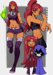  2girls absurdres alternate_costume alternate_hairstyle bare_shoulders blush cape chibi colored_sclera dc_comics detached_sleeves full_body green_eyes green_sclera grey_background highres hood kekel long_hair multiple_girls navel ponytail raven_(dc) red_hair sportswear starfire 