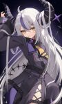  1girl ahoge braid braided_bangs coat coat_dress demon_horns grey_hair hair_between_eyes highres hololive horns la+_darknesss la+_darknesss_(1st_costume) long_hair long_sleeves looking_at_viewer multicolored_hair pantyhose pointy_ears purple_coat purple_hair purple_pantyhose sidelocks single_leg_pantyhose sleeves_past_fingers sleeves_past_wrists smile solo streaked_hair striped_horns thomas_8000 very_long_hair virtual_youtuber yellow_eyes 