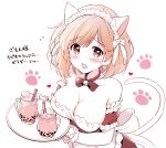  1girl alternate_costume animal_ears bell blush bow bowtie breasts cat_earrings cat_ears cat_tail cleavage djeeta_(granblue_fantasy) earrings enmaided eyebrows_visible_through_hair glass granblue_fantasy jewelry jingle_bell kurimomo large_breasts looking_at_viewer maid maid_headdress monochrome open_mouth paw_background short_hair solo tail translation_request white_background 