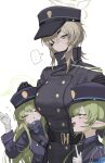  ... 3girls black_gloves black_hat black_jacket blue_archive blush breasts closed_eyes closed_mouth eyepatch flying_sweatdrops gloves green_eyes green_hair hair_between_eyes halo hand_on_another&#039;s_head hat height_chart highres hikari_(blue_archive) index_finger_raised jacket large_breasts long_hair multiple_girls nozomi_(blue_archive) oh_(aung_ae) open_mouth parted_lips pointy_ears simple_background spoken_ellipsis suou_(blue_archive) uniform white_background white_gloves yellow_eyes 