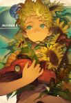  1boy 9twoeight blonde_hair blue_eyes car closed_mouth flower frog highres lucas_(mother_3) mother_(game) mother_3 motor_vehicle shirt short_hair short_sleeves solo striped_clothes striped_shirt sunflower upper_body 